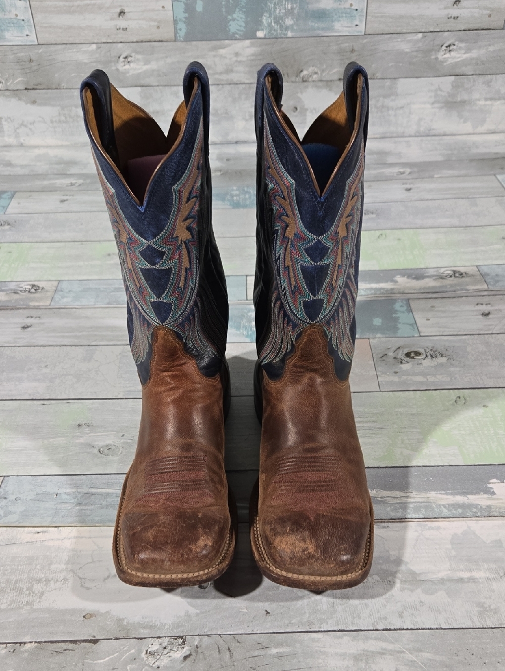 Tony Lama Brown Leather Western Cowboy Boots with Blue Embroidered Shaft 9.5 B